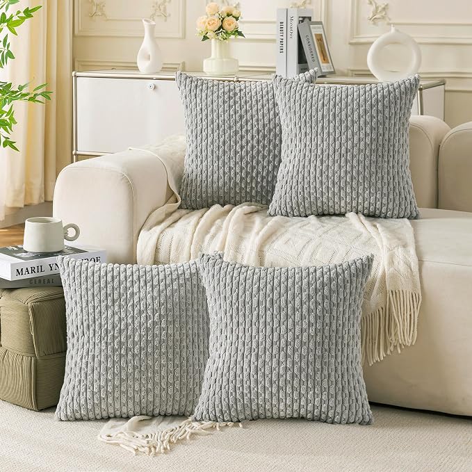 Set of 4 Grey Decorative Throw Pillow Covers 16x16 Inch Corduroy Pillow Covers for Bed Couch Sofa Living Room Soft Square Cushion Cases