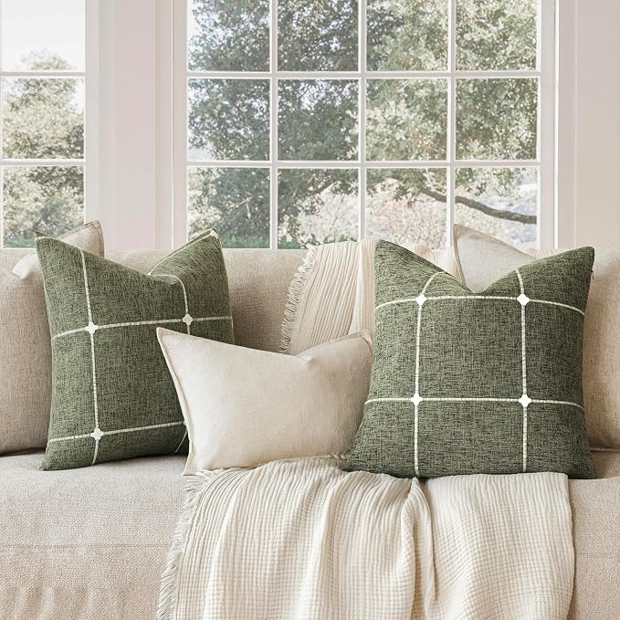 Foindtower Pack of 2 Decorative Faux Linen Jacquard Check Throw Pillow Covers Farmhouse Cushion Cover with Grid Textured Accent Pillowcase for Couch Sofa Living Room Home Decor,22×22 Inch,Olive Green