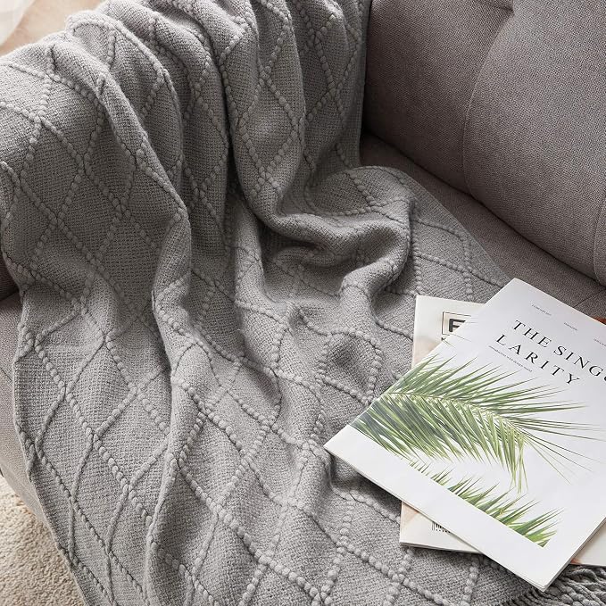 BOURINA Light Grey Throw Blanket 50x90Inch Boho Knit Soft Throw Bed Blanket | Knitted Throw Blanket 50x90 Inches, Soft Lightweight Boho Weave Throw Decorative Couch Blanket for Living Room Bed Runner