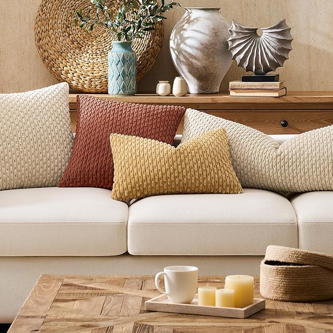 Kevin Textile Soft Corduroy 16"x24" Lumbar Pillow Cover 1 Pack, Burnt Brick | Fall Boho Stripe Plush Corduroy Decorative Oblong Cushion Cover Modern Farmhouse Home Decor for Sofa Couch Bed Chair