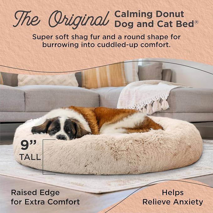 Best Friends by Sheri Original Calming Donut Dog Bed, Taupe, XL, 45" | Machine-Washable Cover, Shag Faux Fur, Orthopedic Support, Sense of Security, Water-Resistant Base, XL Dogs Up to 150 lbs