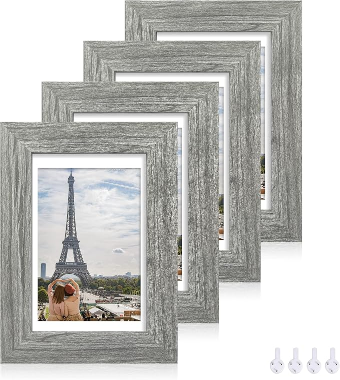 Hongkee 5x7 Picture Frame Set of 4, Made of Real Glass and Grey Wooden Frame, 5 by 7 Photo for Wall or Tabletop - Display Picture 4x6 with Mat or 5x7 Without Mat