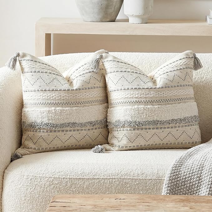 Gray Decorative Throw Pillow Covers 18X18 Combo Set of 2 Square Boho Neutral Grey Accent Pillowcase Tassels Farmhouse Cushion for Couch Sofa Bedroom Living Room Home Décor Cover ONLY