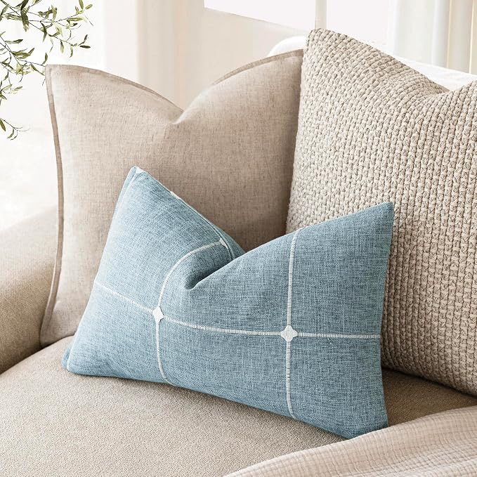 Foindtower Pack of 2 Decorative Faux Linen Jacquard Check Throw Pillow Covers Farmhouse Lumbar Cushion Cover with Grid Textured Accent Pillowcase for Couch Living Room Home Decor,12×20 Inch,Light Blue