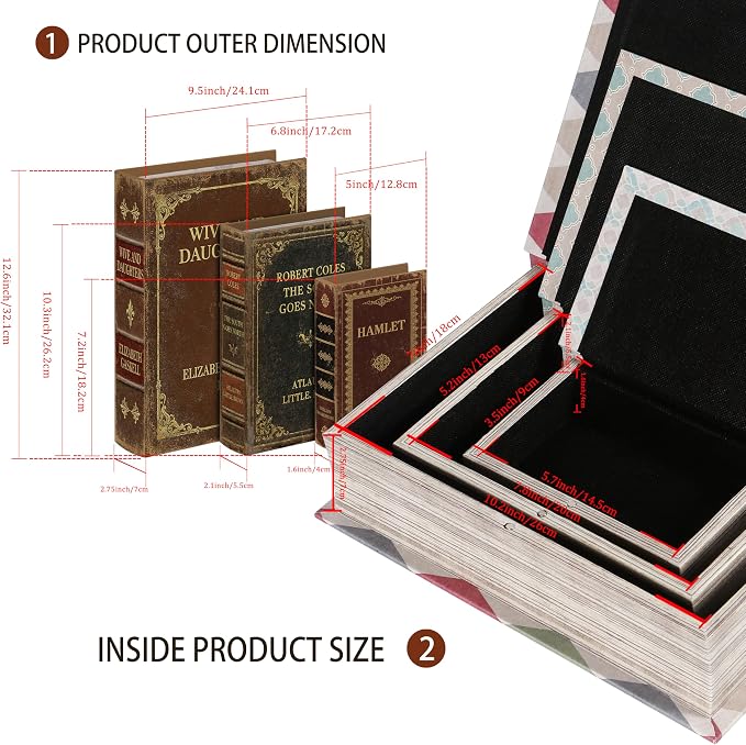 Vintage Faux Leather Decorative Book Box Set of 3 – Wooden Secret Storage Box with Magnetic Closure, Hidden Organizer for Bookshelf, Desk, or Office Decor (Classic Literature)