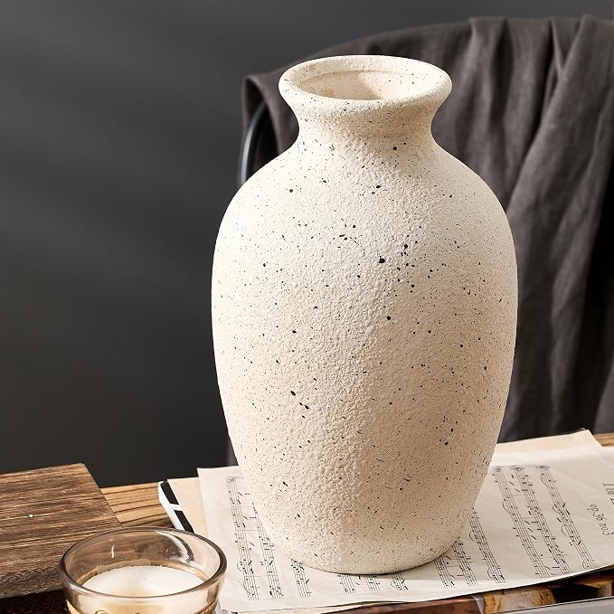 Large Ceramic Rustic Flower Vase, 10.43 Inch Tall Vintage Pottery Home Decor, Antique Farmhouse Terracotta Vase for Living Room, Table, Shelf, Mantel Decoration, Farmhouse - Cream-White