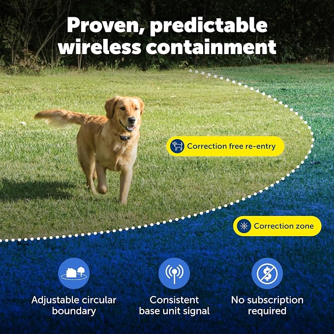 PetSafe Wireless Pet Containment System, Up to 1/2 Acre | Wireless Fence, Tone & Static Correction, Proprietary Circular Boundary with No Wire, Static-Free Re-Entry, Dogs 8 lb+