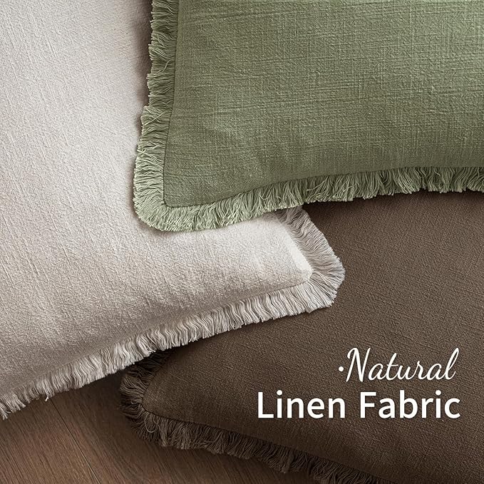 MIULEE Linen Fringe Decorative Fall Pillow Covers Chocolate Brown 18x18 | Set of 2, Cottagecore Decor, Boho Farmhouse Neutral Pillow Covers, Rustic Fall Couch Cushion Cases for Sofa Bed Living Room
