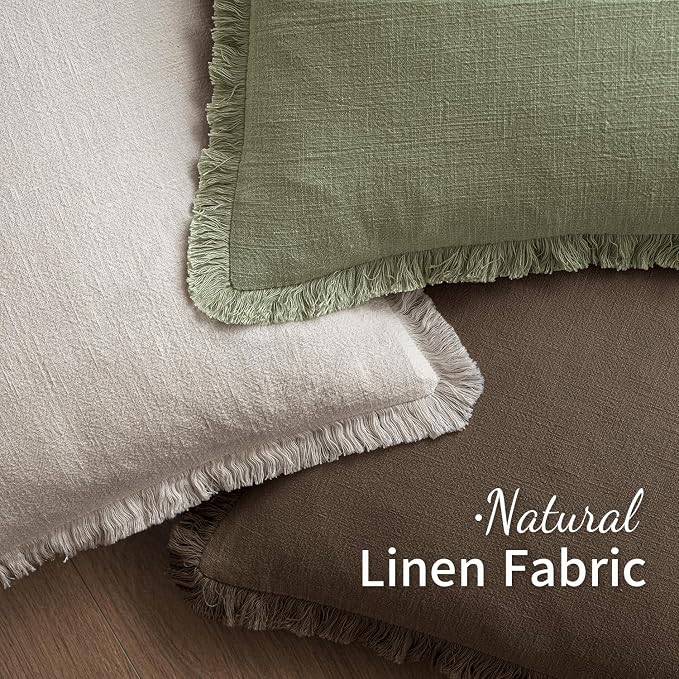 MIULEE Linen Fringe Decorative Euro Pillow Covers Chocolate Brown 24x24 | Set of 2, Cottagecore Decor, Boho Farmhouse Neutral Throw Pillow Covers, Rustic Fall Couch Cushions for Sofa Bed Living Room