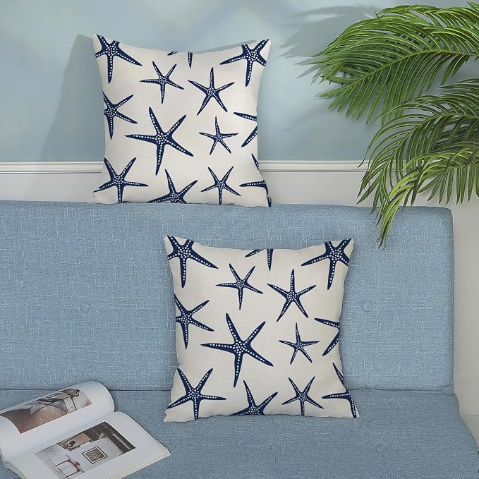 Navy Blue Starfish Pillow Covers 18x18 Inch Set of 2 Coastal Throw Pillows Spring Summer Nautical Ocean Theme Beach Decorative Pillow Cases Linen Outdoor Decor Cushion Case for Home Bedroom
