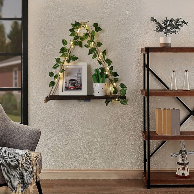 Wall Shelves, Floating Shelves No Drill, Command Shelf, Wall Decor | 2-Pack Hanging Shelves,Renter Friendly Shelves,Trinket Shelf,Room Decor,Comes with Artificial Ivy Vines and LED Strip Lights