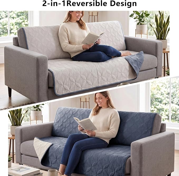 Waterproof Couch Cover for Dogs - Washable Pets Furniture Protector | TPU Leak-Proof Liner, Lightweight & Reversible, Fits Chair, Sofa, Bed, 68" x 82" , Blue/Cream