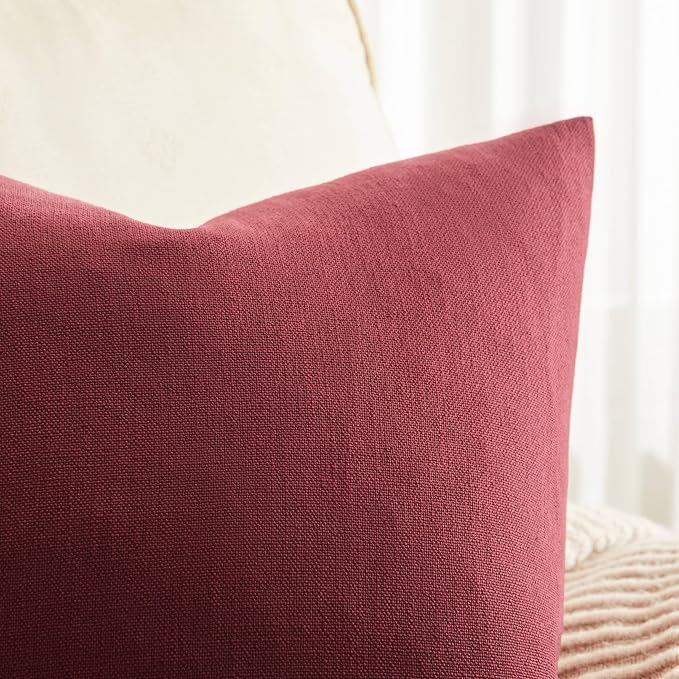 Rustic Linen Throw Pillow Covers Set of 2, Burgundy 24x24in | Textured Pillow Case, Rustic Cotton Linen Fabric, Modern Farmhouse Cushion Covers for Sofa Bed Living Room Home Decor