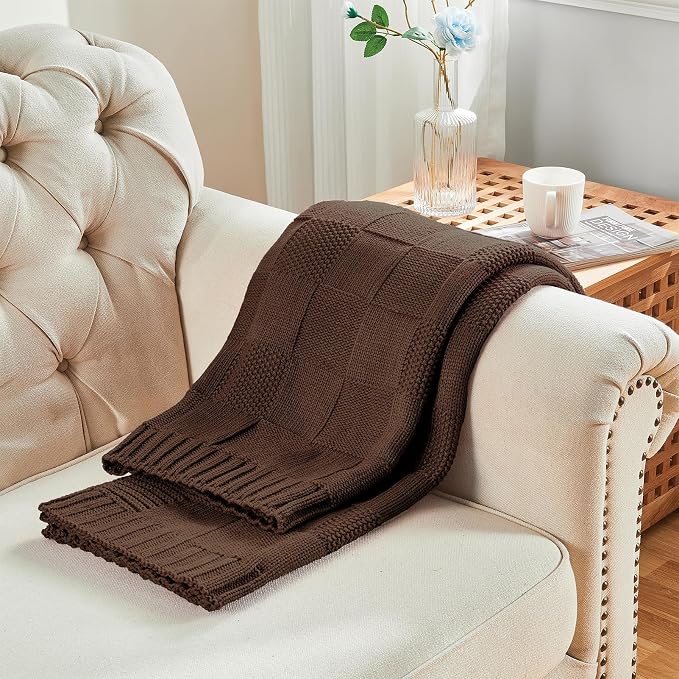 CozeCube Dark Brown Knitted Checkered Throw Blanket 60"X80" | Check Knit Throw for Couch, Decorative Christmas Soft Cozy Warm Blanket for Bed Sofa Living Room