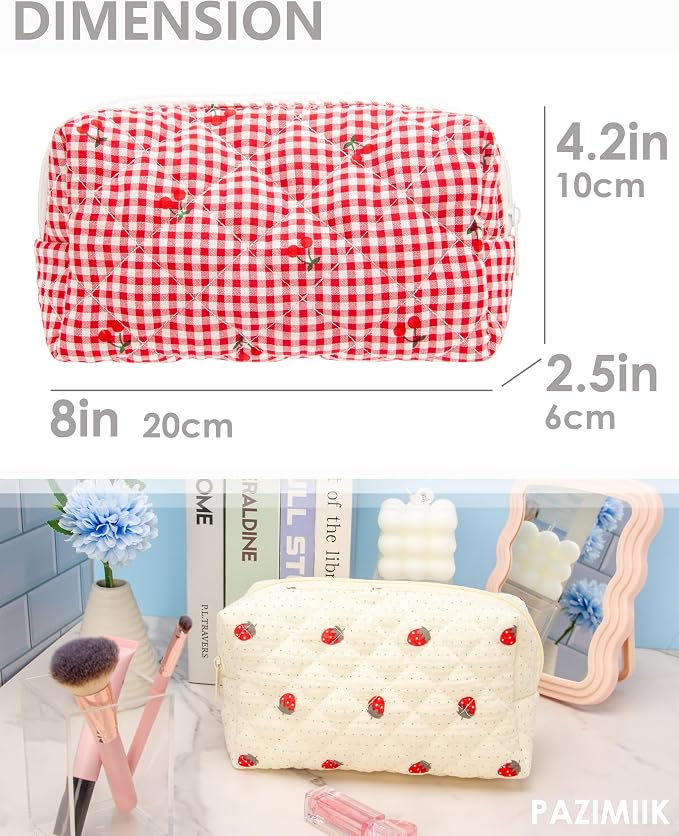 PAZIMIIK Small Quilted Makeup Bag,Zipper Cosmetic Pouch,Gingham Red Cherry | Lightweight Cosmetic Bag Organizer for Women,Purse Storage Holds Makeup,Toiletries,Skincare,Beauty Essentials,Travel Items