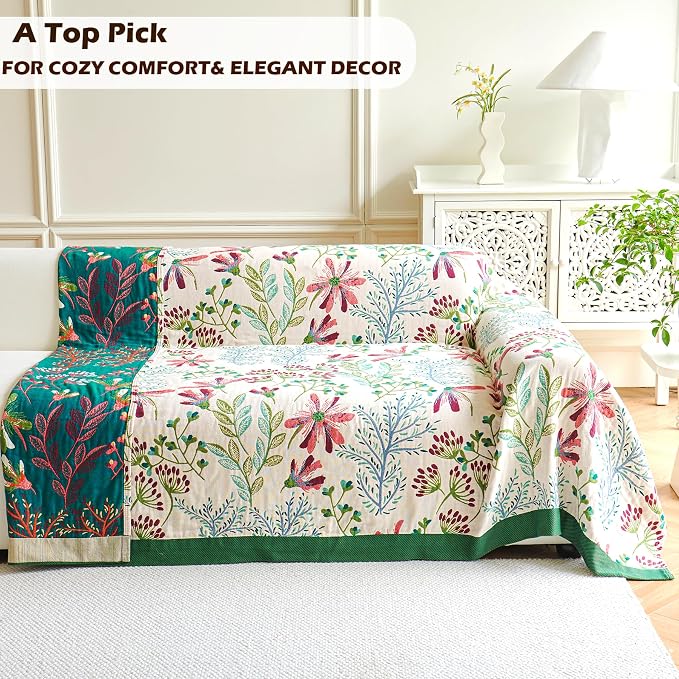 VANJOROY Boho Throw Blanket, 100% Organic Cotton Breathable Ultra Soft 80" x 90" Bed Quilt Throw - All Season Floral Rustic Farmhouse Decor Luxury Reversible Blanket for Sofa Couch Chair and Gift