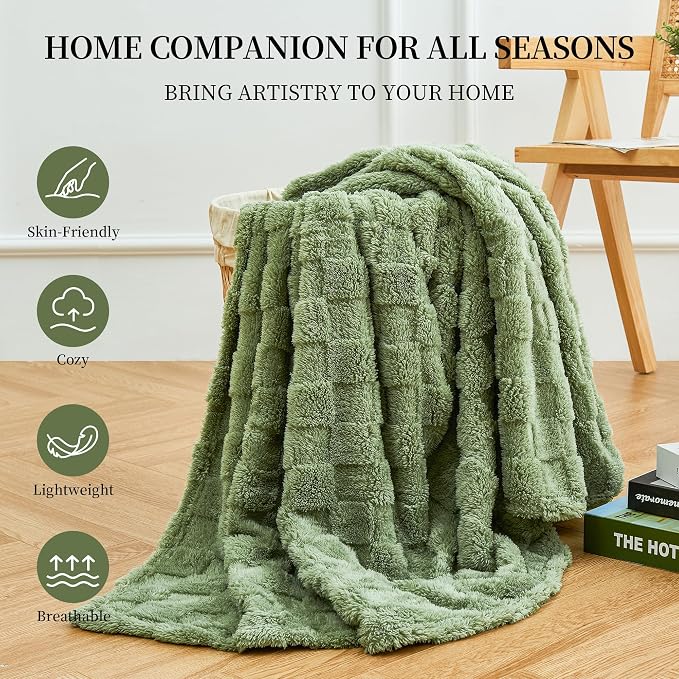 Aganear Fluffy Cozy Throw Blanket for Couch 90"x90" Sage Green | Lightweight Fuzzy Throw,Warm Gift for Women,Christmas,Housewarming,Soft,Boho Design for Room Home Decor,All-Season Use