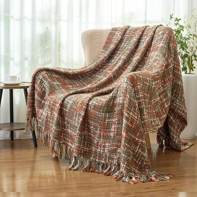 Multi-Color Cable Woven Throw Blanket for Couch - 60"X80" | Multicolored Boho Style,Super Soft Warm Cozy Chunky Blankets with Decorative Tassels for Bed and Sofa,Orange