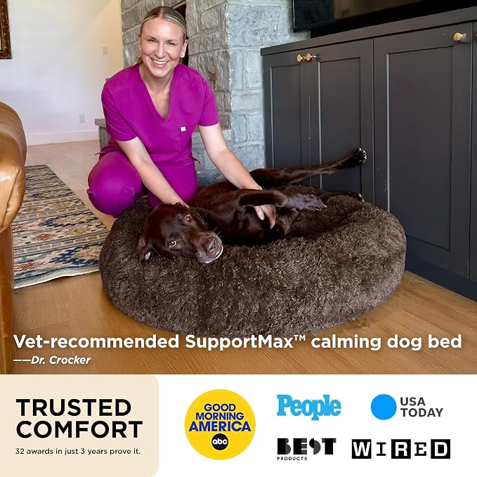 Bedsure SupportMax™ Calming Dog Bed Medium Size Dog Washable Pet Bed,30in | 420GSM Plush Fluffy Faux Fur Donut Round,Thick Supportive,Removable Cover,Anti-Slip,Anti-Anxiety,Up to 45 Lbs,Navy