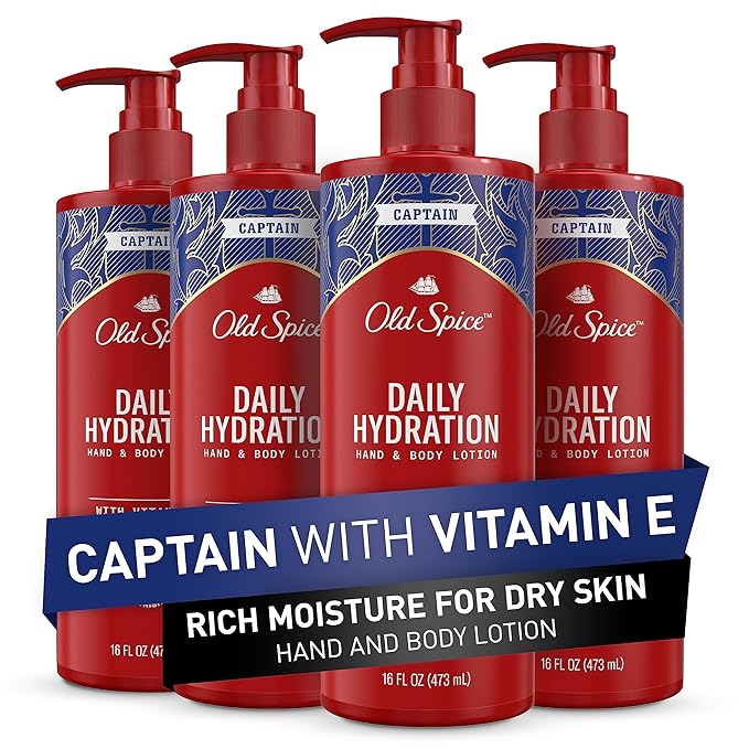 Old Spice Hand & Body Lotion for Men, Daily Hydration, 24/7 Hydration, 24/7 Replenishing Rich Moisture for Dry Skin, Lightweight Formula, Captain with Vitamin E Scent, 16 fl oz (Pack of 4)