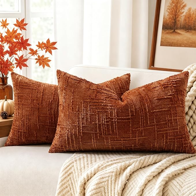 decorUhome Textured Chenille Throw Pillow Covers 12x20 Set of 2 Rust | Fall Modern Farmhouse Soft Cozy Slubby Couch Pillow Cases Boho Decorative Pillow Cases for Bed Sofa Living Room Home Decor
