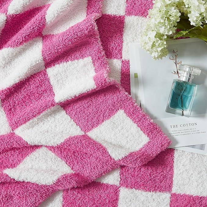 Soft Checkered Throw Blanket for Couch-Cozy Warm Knitted Blankets | Lightweight Warm Fluffy Decor for Women, Mom, Her & Girls, Sofa, Chair, Bed, 50x70in, Hot Pink