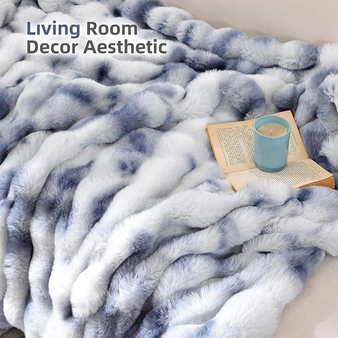 Faux Fur Throw for Couch - Tie-dye Blue Bubble Blanket 60"x80" | Fluffy Plush Fuzzy Throw for Sofa & Bed, Super Soft Cozy Comfrt Blanket, Luxury Aesthetic Blue Decor Gift for Women
