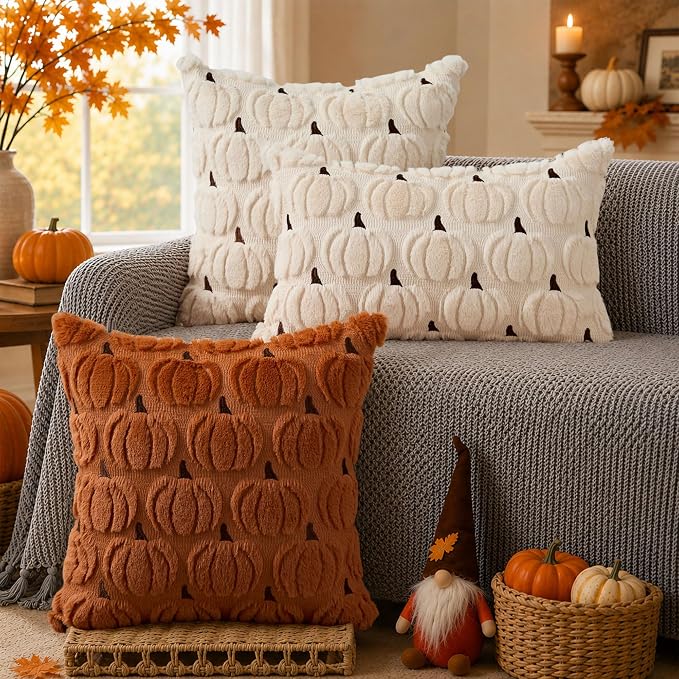 DFXSZ Fall Pillow Covers 12x20 2Pcs Beige Brown Pumpkin Fall Decorations | Fall decor Set of 2 Throw Pillow Cases Soft Plush Faux Fur Wool Couch Cushion for Chair Sofa Bedroom Living Room Home Decor