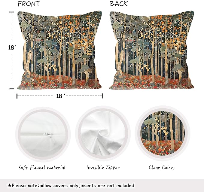 Rustic Autumn Forest Pillow Covers 18x18 Double-Sided, Fall Home Room Decor, Vintage Botanical Nature William Morris Inspired Decorative Throw Pillow Covers for Home Bedroom Living Room