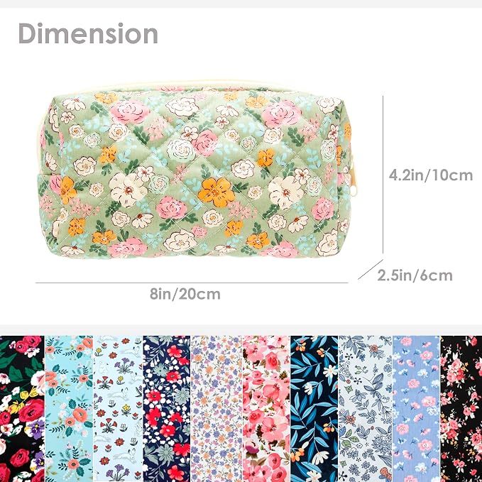 PAZIMIIK Small Quilted Makeup Bag,Zipper Cosmetic Pouch,Green Floral,6 Pack | Lightweight Cosmetic Bag Organizer for Women,Purse Storage Holds Makeup,Toiletries,Skincare,Beauty Essentials,Travel Items