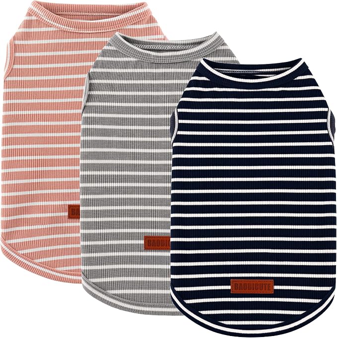 3Pack Dog Shirt Cotton Striped T-Shirts Stretchy Comfortable Pet Vest for Puppy and Cat Super Soft Dog Shirts Vest Sleeveless Breathable Basic Clothes for Small Medium Large Boy Girl Dogs