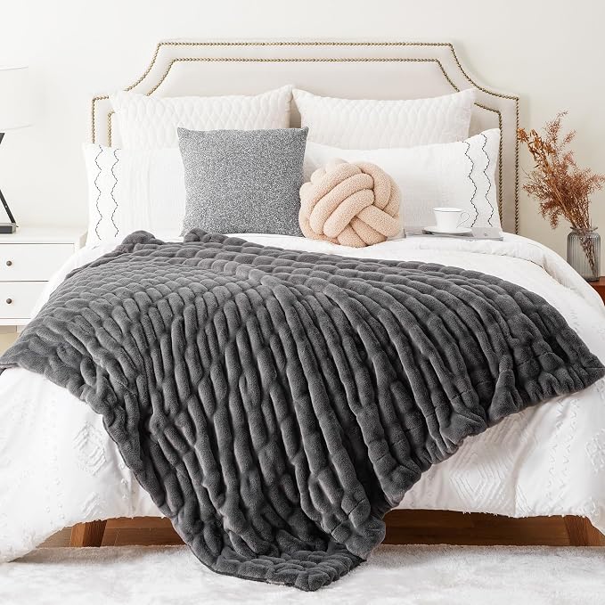 BATTILO Grey Faux Fur Throw Blanket for Couch, 60"x80", Double Side | Luxury Large Minky Couture Blanket, Premium Silky Cozy Warm Soft Fluffy Faux Fur Blanket For Bed, Sofa Living Room