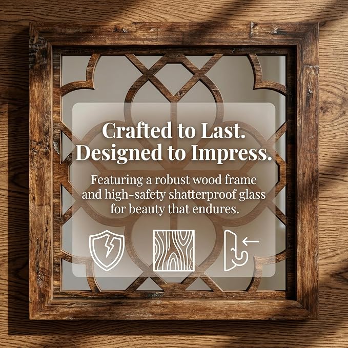 Set of 4 14 Inch Square Redbrown Window Pane Wall Mirrors, Shatterproof Rustic Farmhouse Boho Vintage Decorative Mirrors for Living Room Bedroom Bathroom Entryway