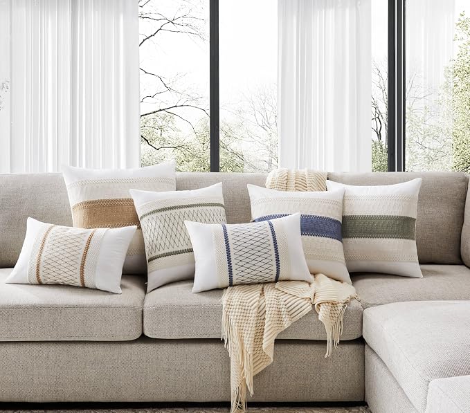 2pk Boho Pillow Covers 18x18, Natural White/Contrast/Blue | 100% Organic Cotton Body, Stripe Embroidery, Farmhouse Decorative Cushion Covers for Sofa Bed Living Room Home Decor
