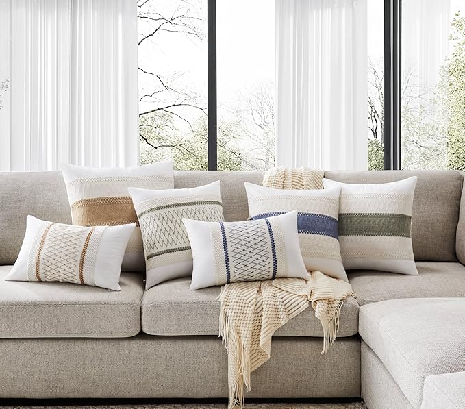2pk Boho Pillow Covers 24x24, Natural White/Contrast/Brown | 100% Organic Cotton Body, Stripe Embroidery, Farmhouse Decorative Cushion Covers for Sofa Bed Living Room Home Decor