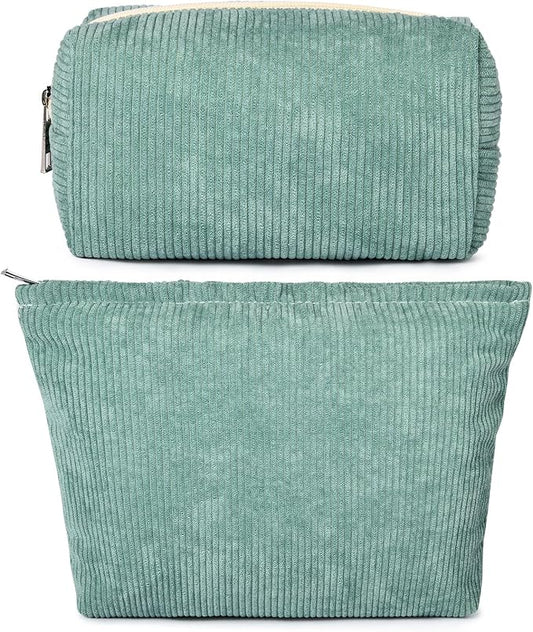 SOIDRAM 2 Pieces Makeup Bag Large Corduroy Cosmetic Bag Capacity Canvas Mix Travel Toiletry Bag Organizer Cute Makeup Brushes Aesthetic Accessories Storage Bag for Women, Corduroy Mix Green