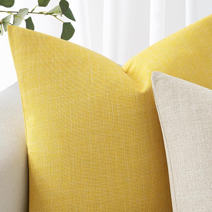 MIULEE Pack of 2 Linen Textured Pillow Covers, 18x18 Inch Yellow | Decorative Burlap Throw Pillowcases, Boho Farmhouse Accent Home Decor for Sofa Couch Bedroom Living Room