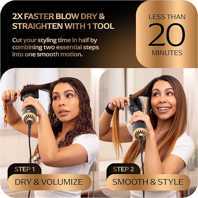 Blowout Brush Hair Dryer, 4-in-1 Blow Drying Brush, Automatic Dual Voltage, Ionic Hair Straightener w/No Heat Damage, Light 1.3 lb Blowout Tool, Blow Dryer Curling Wand, Hot Air Styler for All Types