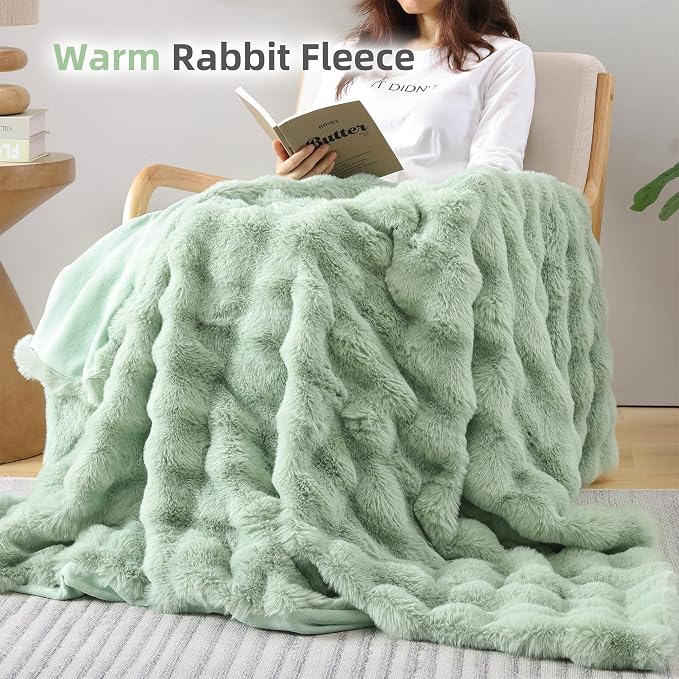 Faux Rabbit Fur Throw for Couch - Sage Green Bubble Blanket 60"x80" | Fluffy Plush Fuzzy Throw for Sofa & Bed, Super Soft Cozy Comfrt Blanket, Luxury Aesthetic Sage Green Decor Gift for Women