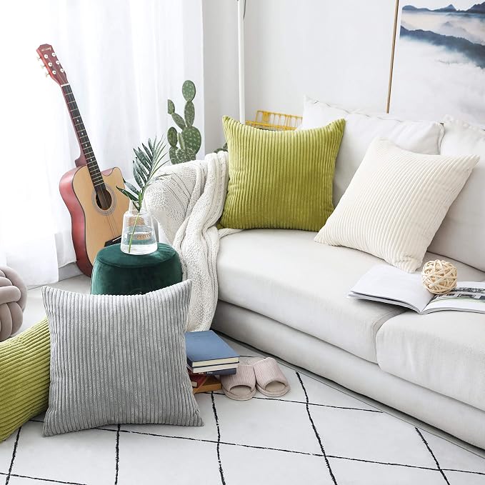 Home Brilliant Striped Velvet Cushion Cover for Chair Supersoft Handmade Decorative Pillowcase, Light Grey, 18"x18"(45cm)