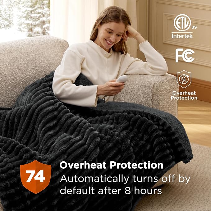 Bedsure Heated Blanket Full Size - Thick Striped Fast Heating Electric Blanket with Preheat Function, 6 Heat & 6 Timer (Up to 10H), 8H Auto Off, ETL Certified, Gift for Grandma (72"x84", Black)
