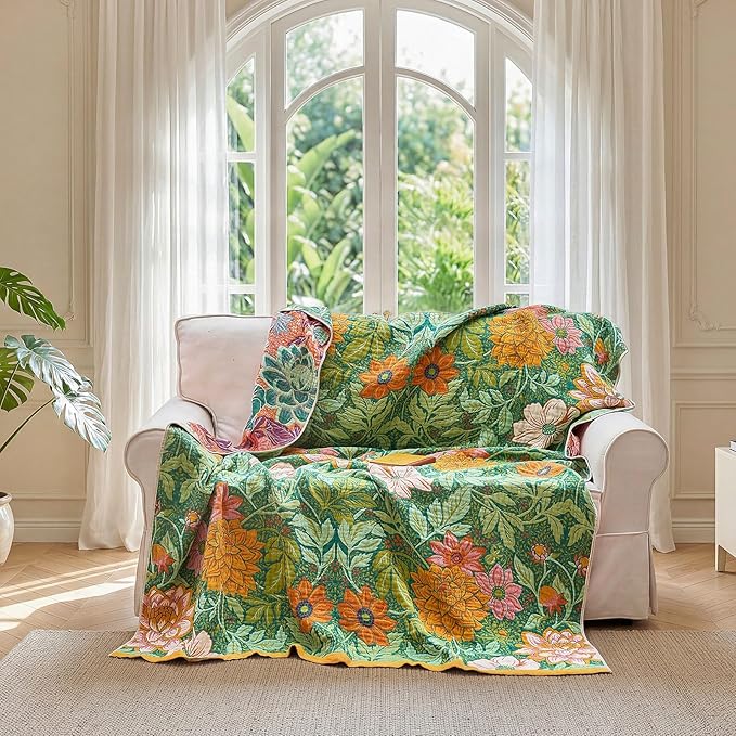 LUTBM Boho Throw Blanket for Bed 60"x80", All Season Cotton Couch Blankets | Green Reversible Floral Jacquard, Muslin Twin Quilt, For Chair Sofa Living Room Decor, Lightweight & Breathable 4-Layer Gauze