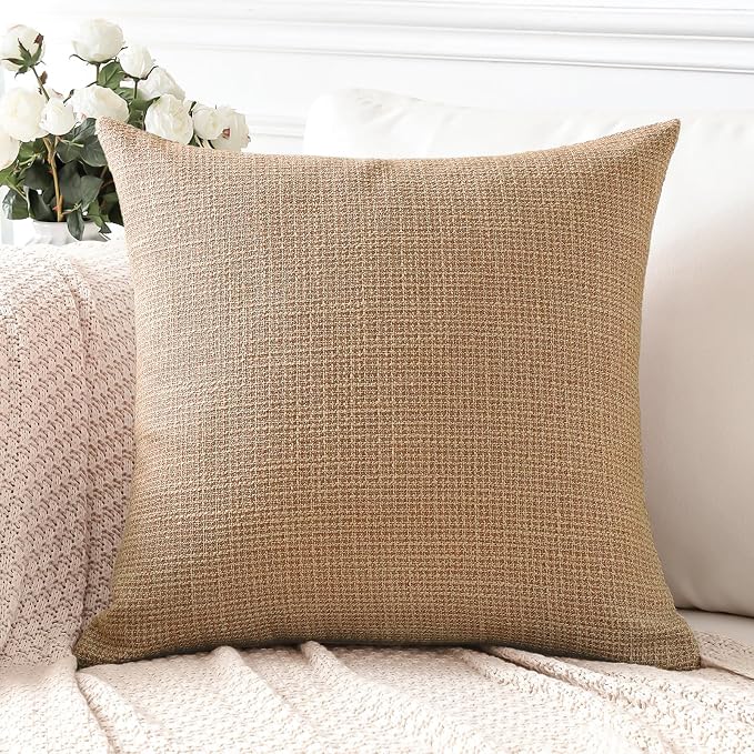 OTOSTAR Linen Throw Pillow Cover Set of 1 Decorative Square Pillowcases Cushion Covers 18x18 Inch for Home Decor Sofa Bedroom Car 45 x 45CM Light Brown