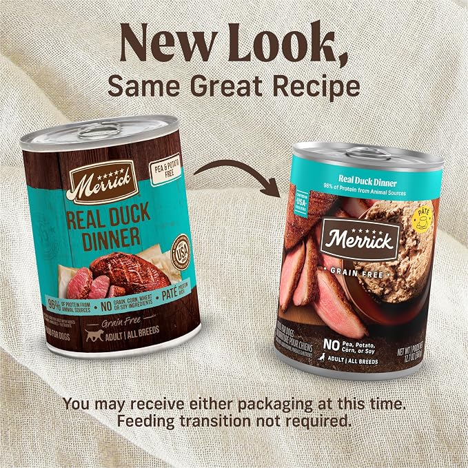 Merrick Grain Free Canned Dog Food, Real Duck Dinner Recipe With Added Vitamins and Minerals, 12.7 oz. Can