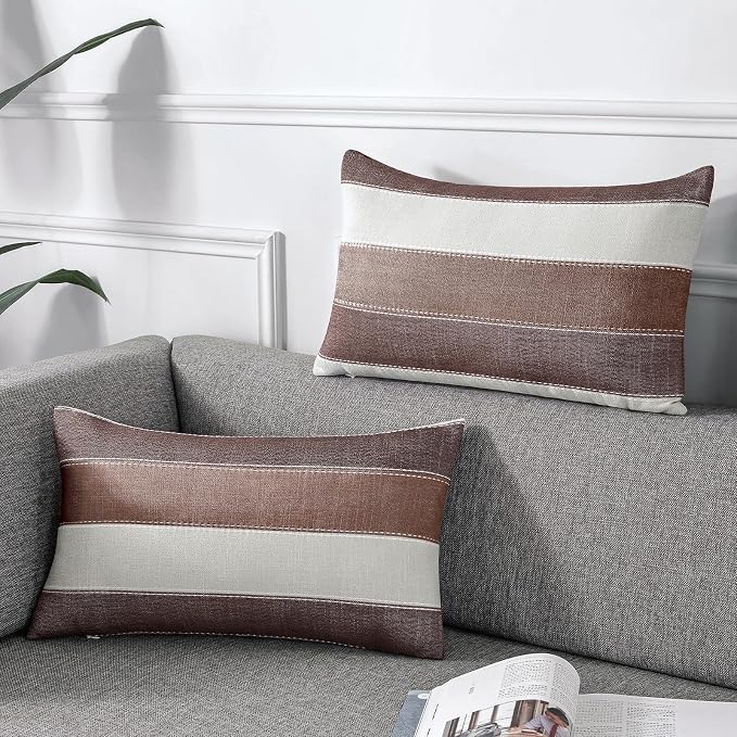 Pack of 2 Farmhouse Stripe Check Throw Pillow Covers Set Case Cotton Linen Decorative Pillowcases Cushion Cover for Couch Bench Sofa 12x20Inch Brown