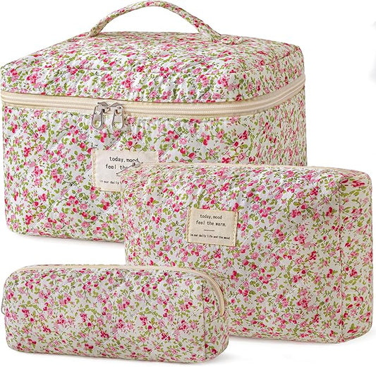 HBselect Quilted Makeup Bag, 3PCS Cotton Large Travel Makeup Bag, Cute Floral Coquette Make up Bag Cosmetic Bag Toiletry Bag for Women Girls