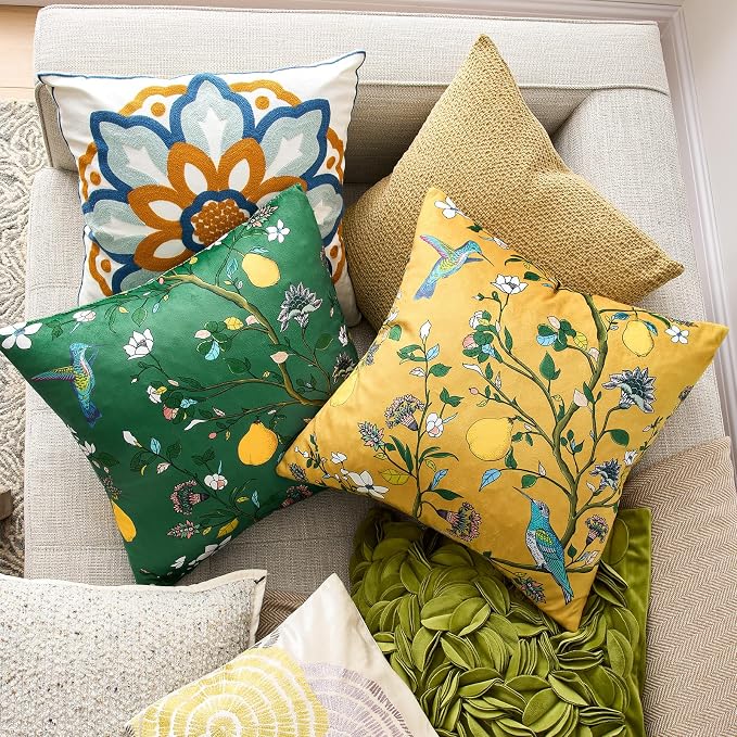 MUSSEL Green Velvet Floral Decorative 20x20 Pillow Covers Set of 2 | Soft Durable and Sturdy,Bird Plant,Throw Pillows Case,Square,Colorful Mid Century Cushion Covers,Sofa Couch Decor