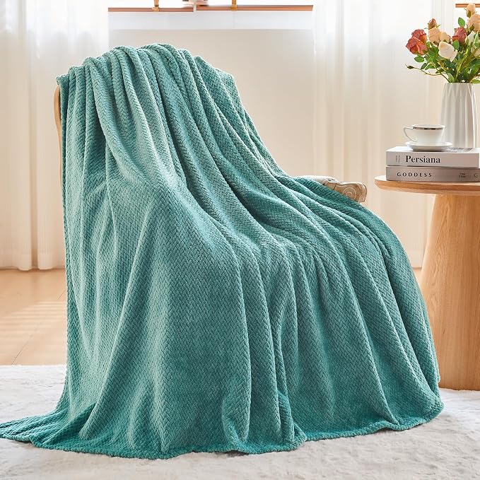 NEWCOSPLAY Fleece Leaves Pattern Throw Blanket, Light Teal, 50"x60" | Super Soft Throw Blanket, Lightweight Cozy Bed Sofa Blanket, Premium Silky Flannel Fleece, Travel Blanket for All Season Use