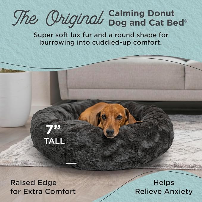 Best Friends by Sheri Original Calming Donut Dog Bed, Mink Dark Gray, 23" | Machine Washable, Lux Faux Fur, Orthopedic Support, Sense of Security, Water-Resistant Base, Small Dogs Up to 25 lbs