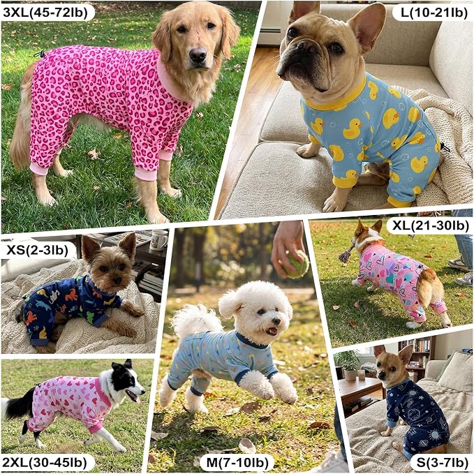 Bienbee Dog Pajamas, 4 Pack Adjustable Onesies for Small to Large Dogs L | Dog Shedding Suit with Soft Fabric, Breathable & Stretchy, and Adjustable Back Length for Sleeping Lounging and Daily Use
